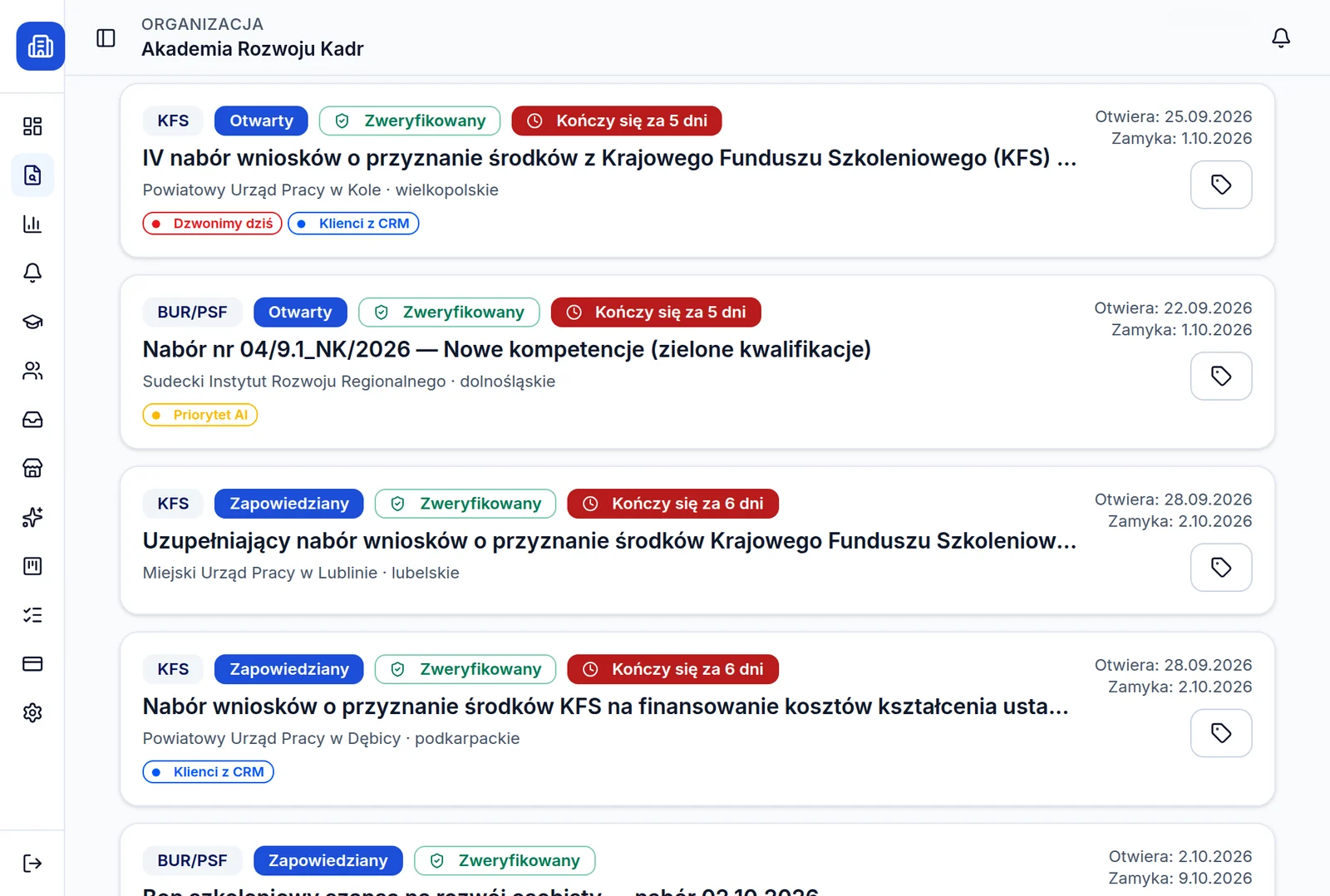 Panel Grant Monitor: lista zweryfikowanych naborów KFS i BUR/PSF z terminami i etykietami