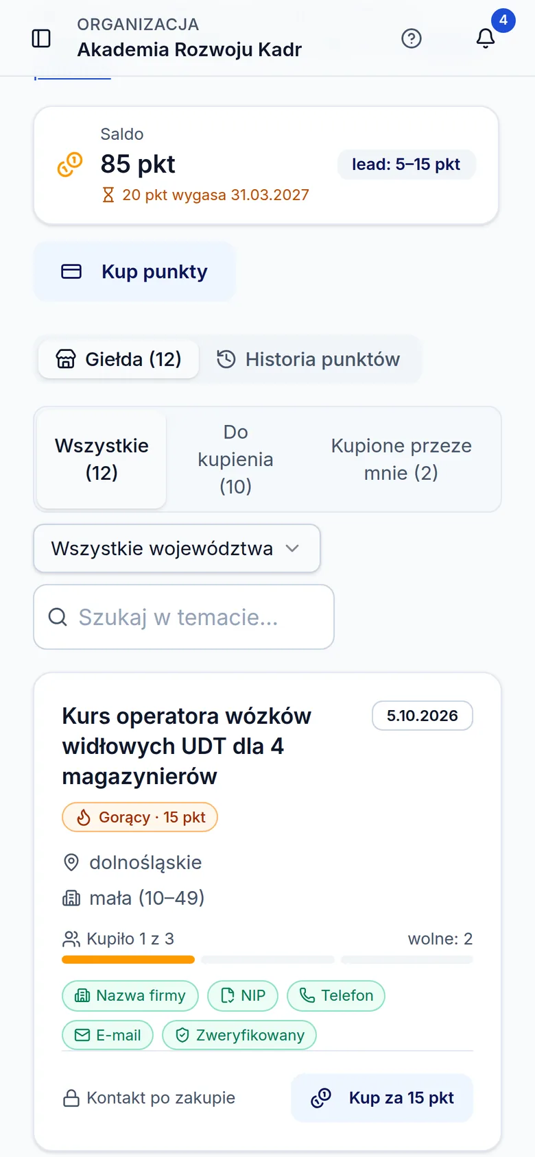 Giełda leadów w panelu Grant Monitor na telefonie