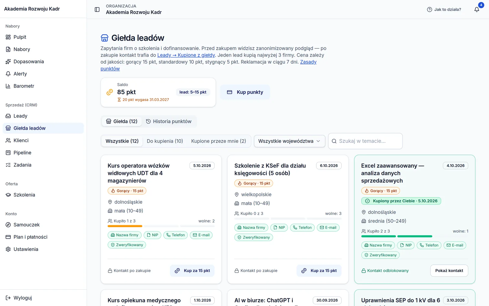 Panel Grant Monitor: giełda leadów z zapytaniami firm, poziomem leada, regionem, wielkością firmy i ceną w punktach