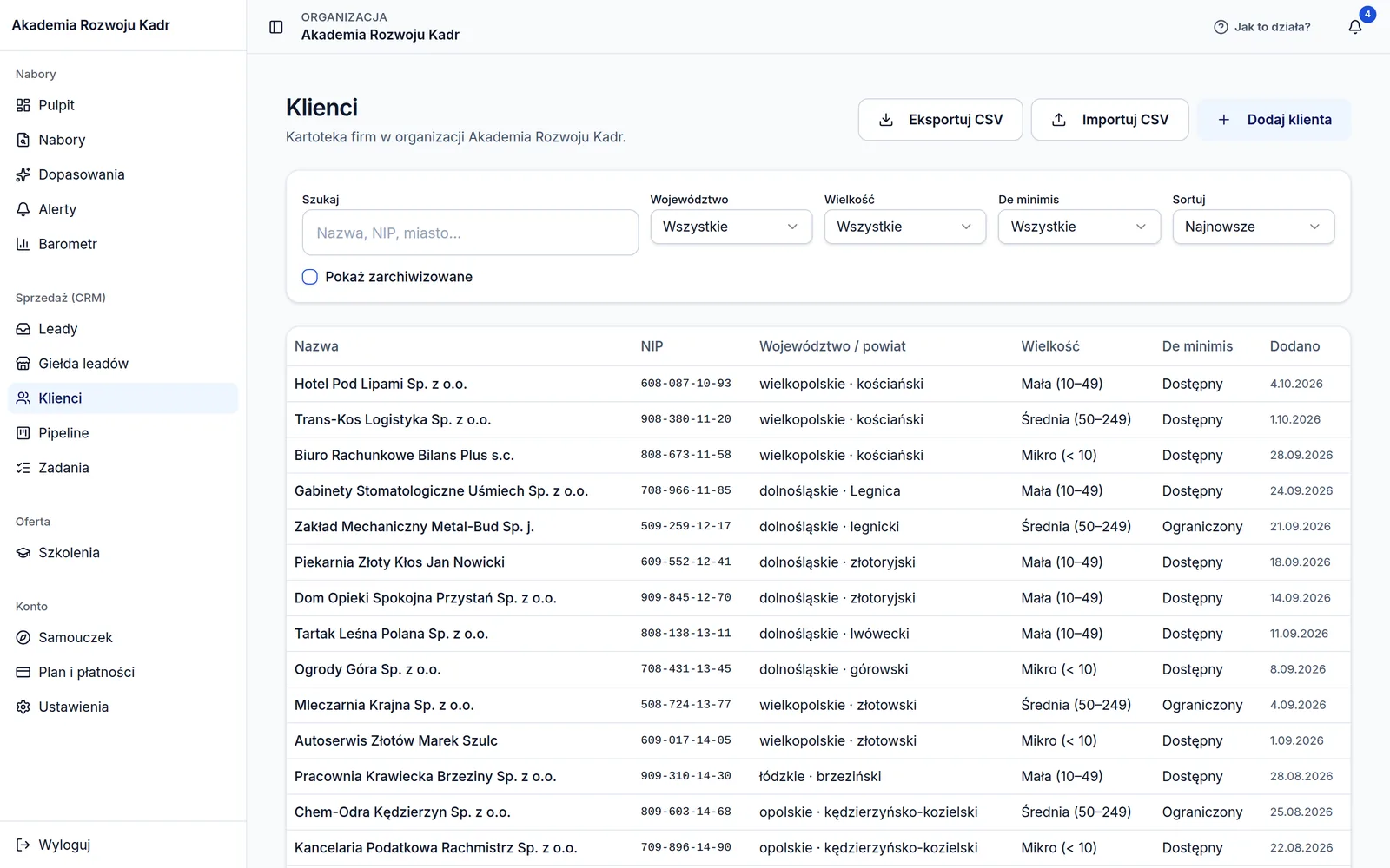Panel Grant Monitor: kartoteka firm klientów z NIP, województwem i powiatem, wielkością i de minimis