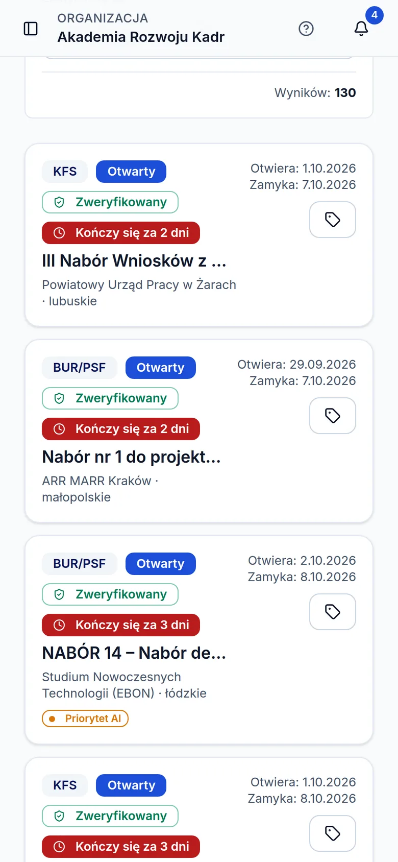 Lista naborów w panelu Grant Monitor na telefonie