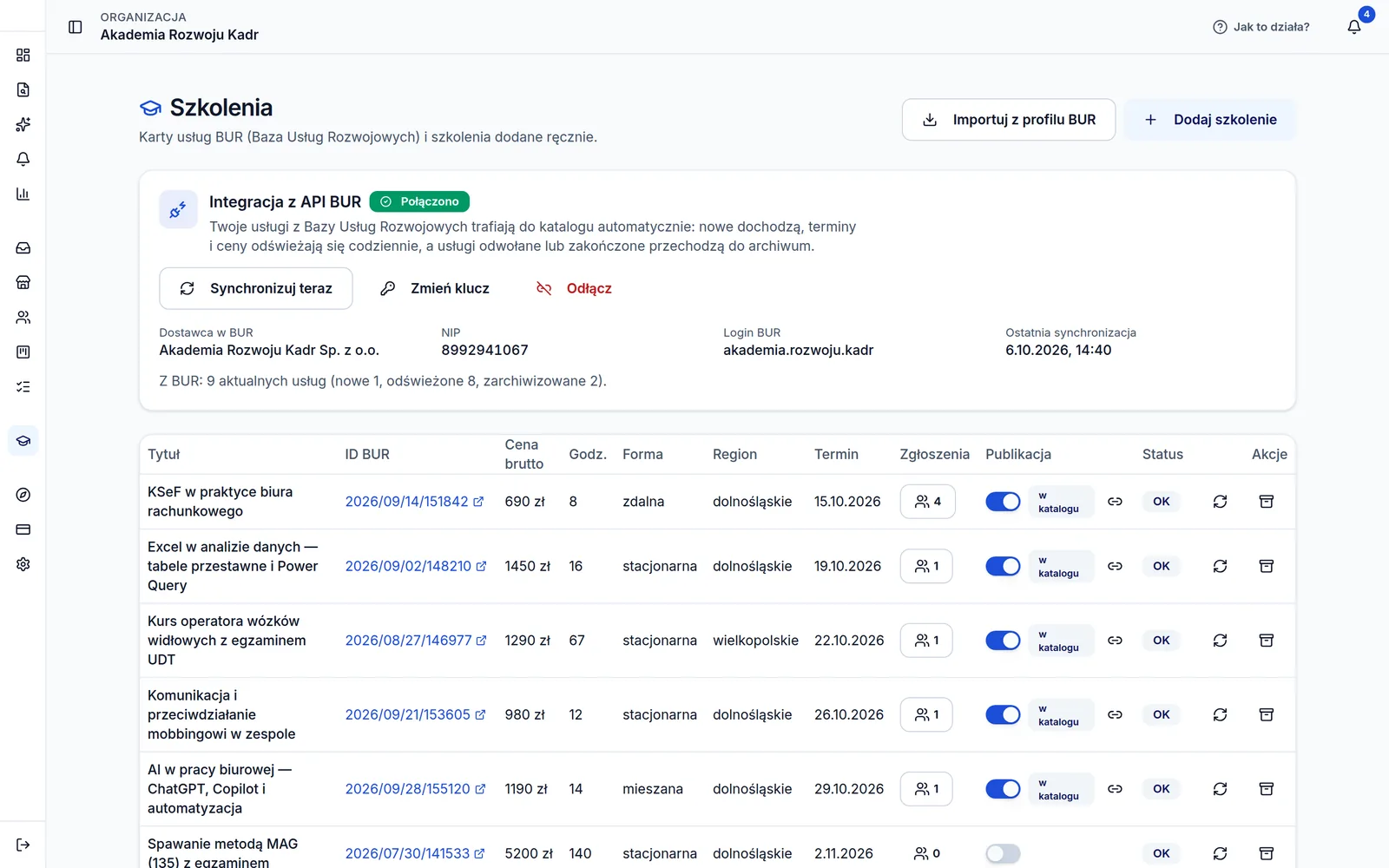 Panel Grant Monitor: szkolenia firmy zsynchronizowane z Bazą Usług Rozwojowych przez API BUR